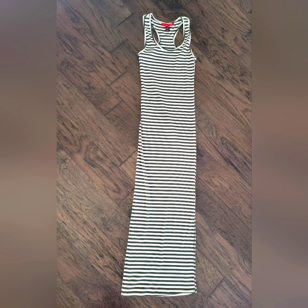 Hot Kiss Dark Green and White Striped Maxi Dress
